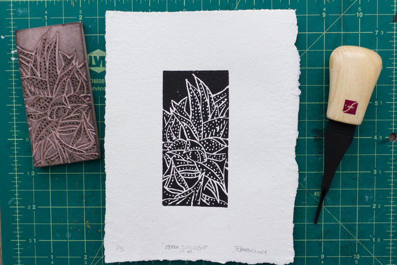 A blockprint of a Zebra Succulent plant on handmade paper.