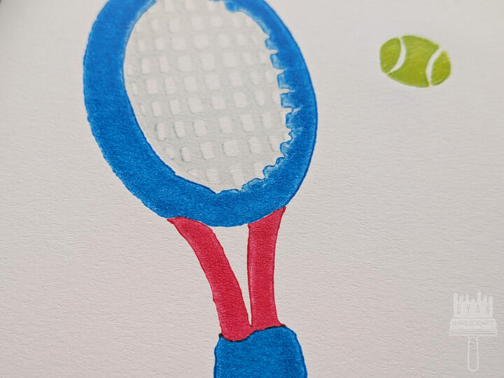 5x7" Jigsaw 4 color blockprint of a tennis racket and a tennis ball.
