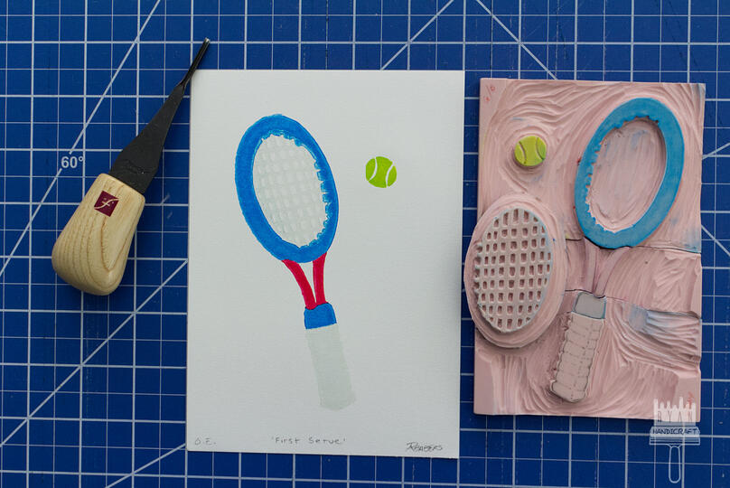 5x7" Jigsaw 4 color blockprint of a tennis racket and a tennis ball.