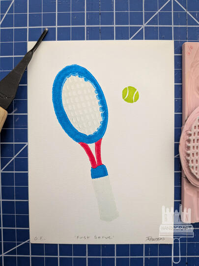 5x7" Jigsaw 4 color blockprint of a tennis racket and a tennis ball.
