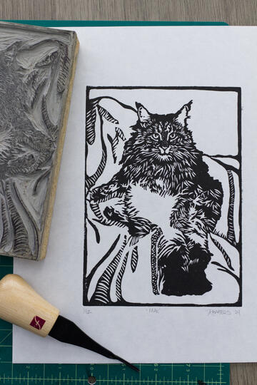 5x7 Blockprint portrait of our family cat Max.