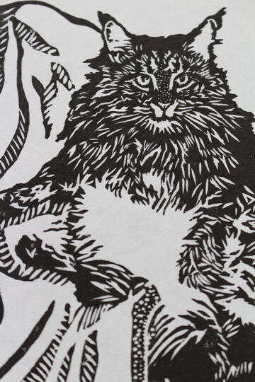 5x7 Blockprint portrait of our family cat Max.