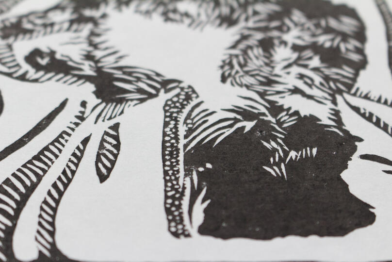 5x7 Blockprint portrait of our family cat Max.