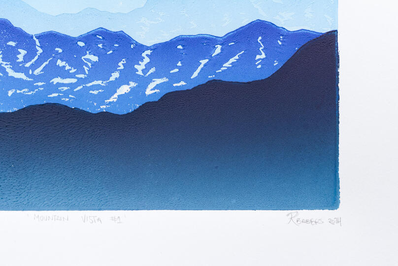 A 4-step reduction blockprint of a mountain vista.