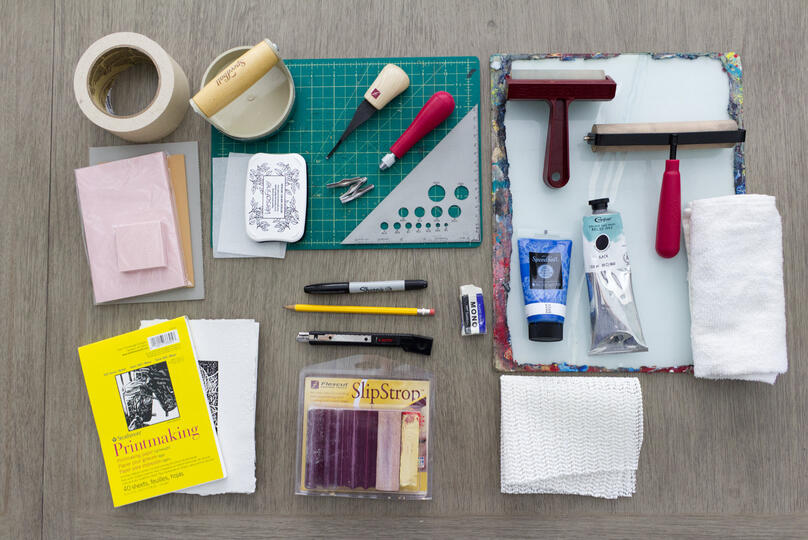 Assorted tools for printmaking.